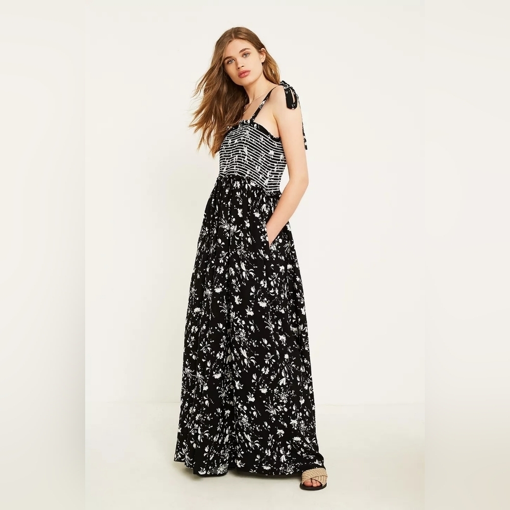 Free People Black & White Floral Strap Maxi Jumpsuit